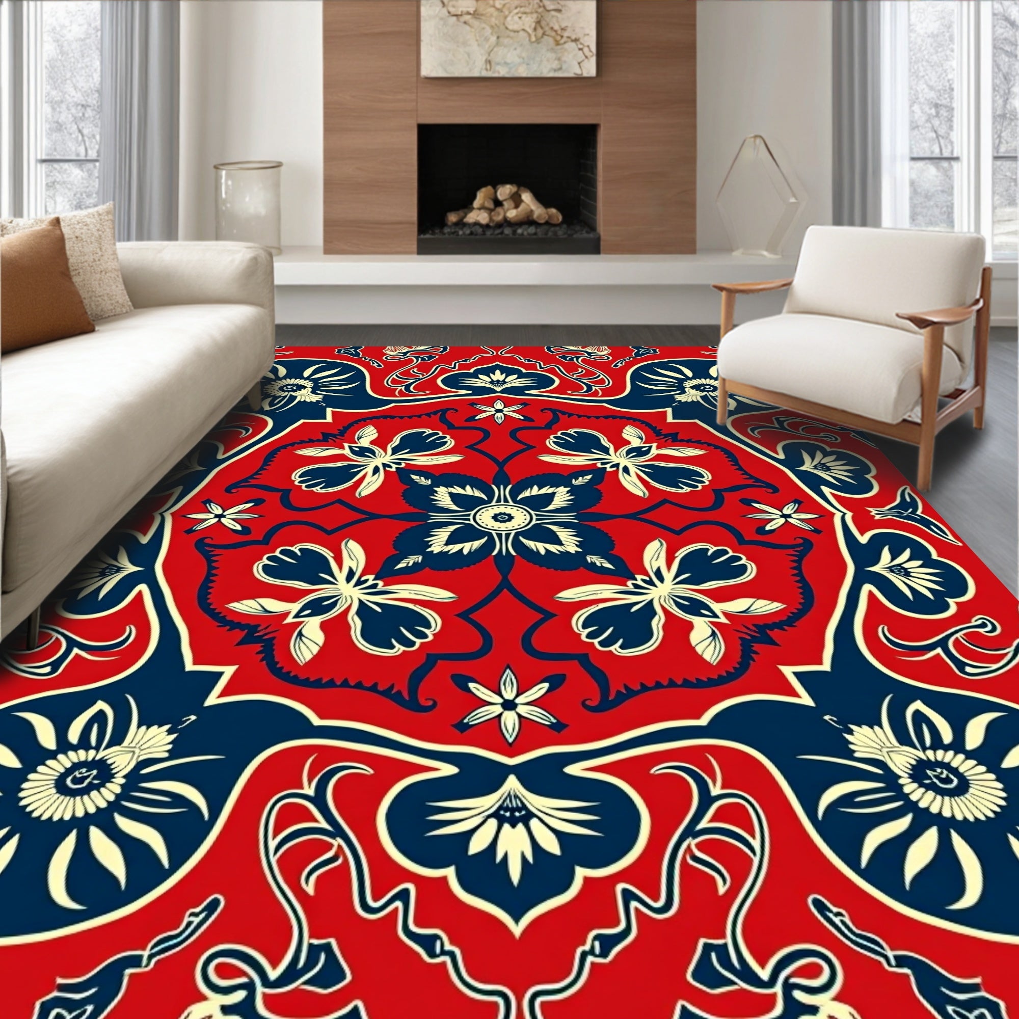 Crimson Navy Floral Medallion Rug