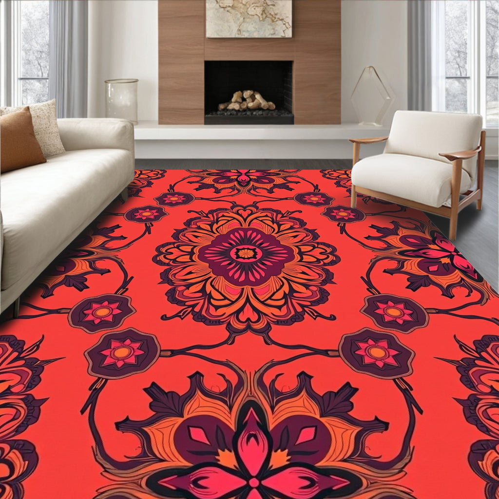 Vibrant Crimson Floral Medallion Design Rug