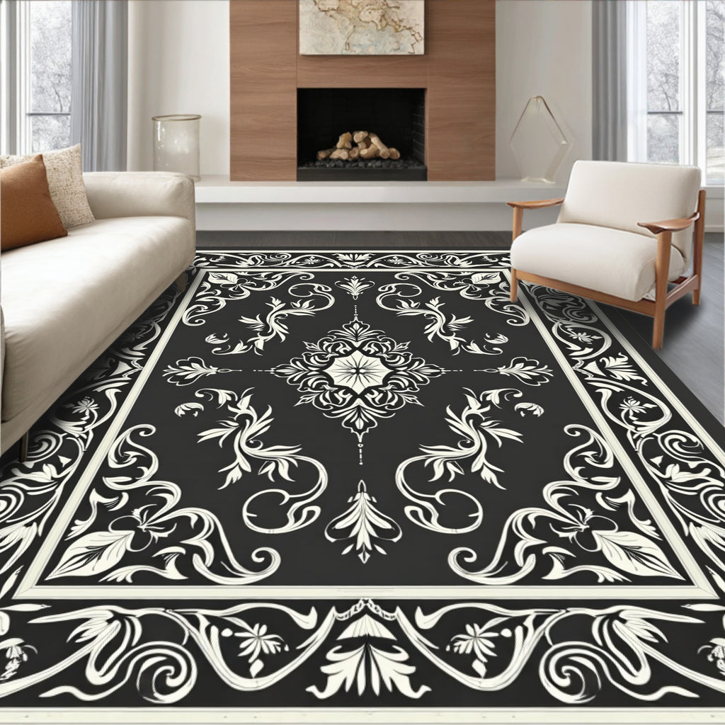 Antique Black White Floral Scroll Rug