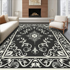 Antique Black White Floral Scroll Rug
