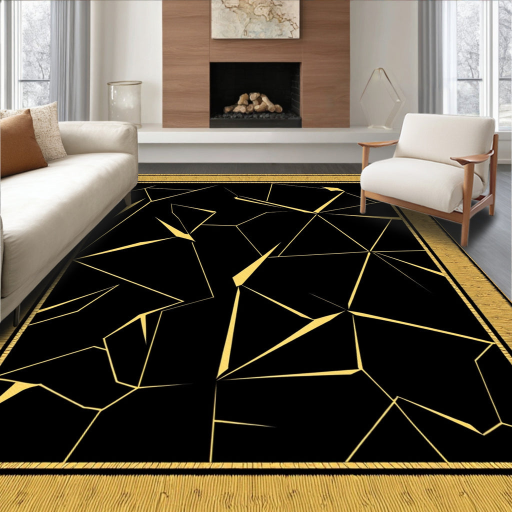 Golden Black Shattered Geometric Rug