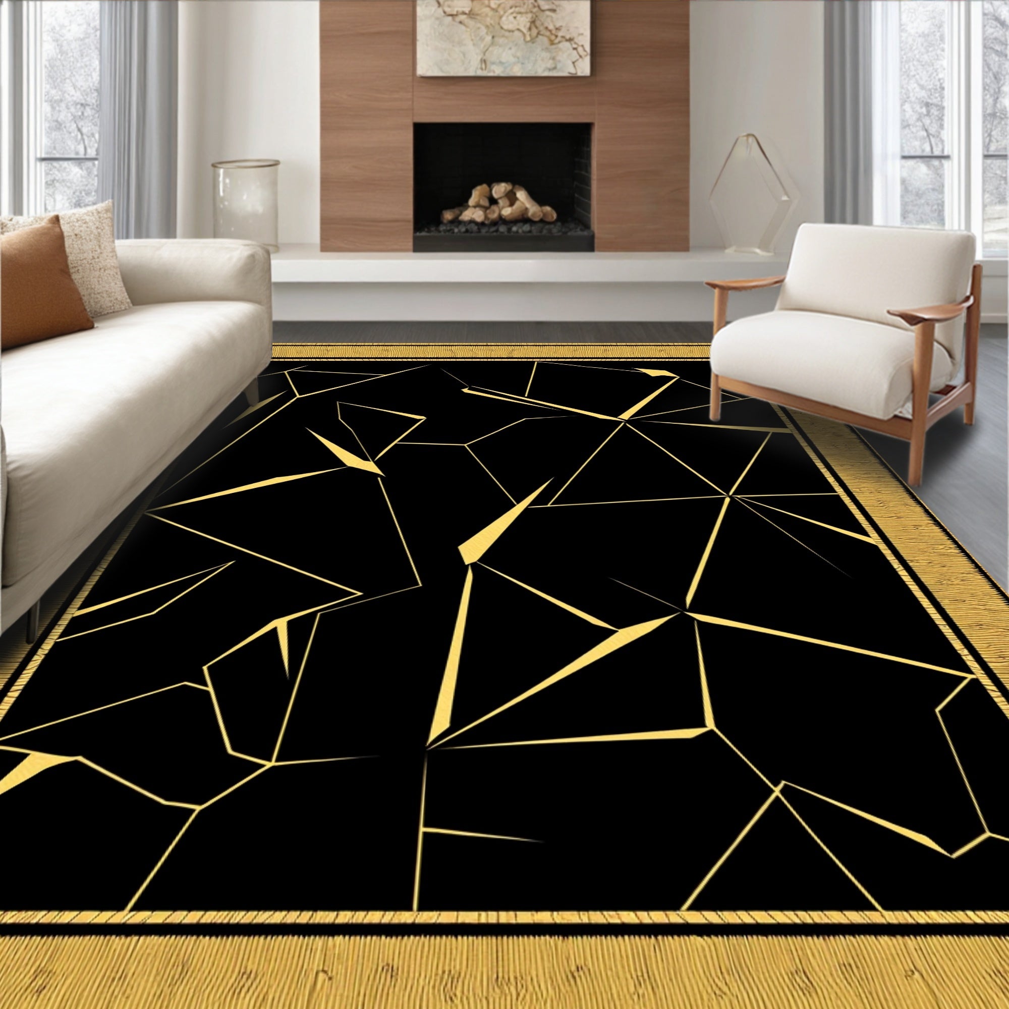 Golden Black Shattered Geometric Rug