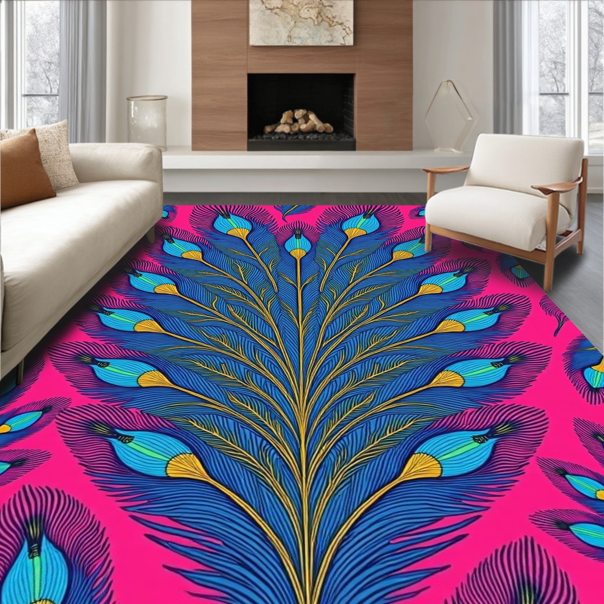 Vibrant Blue Yellow Peacock Feather Rug