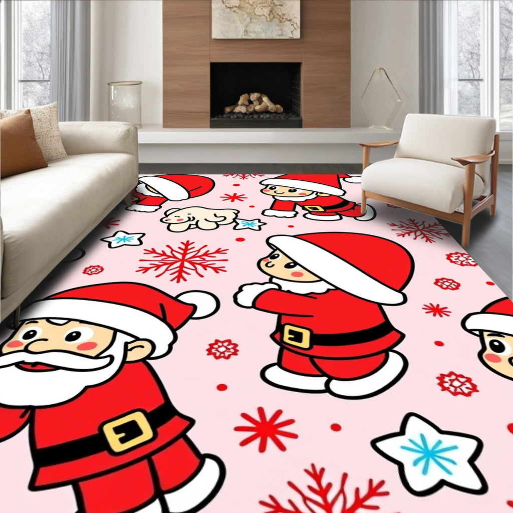 Cute Santa Helpers Snowflakes Pink Rug