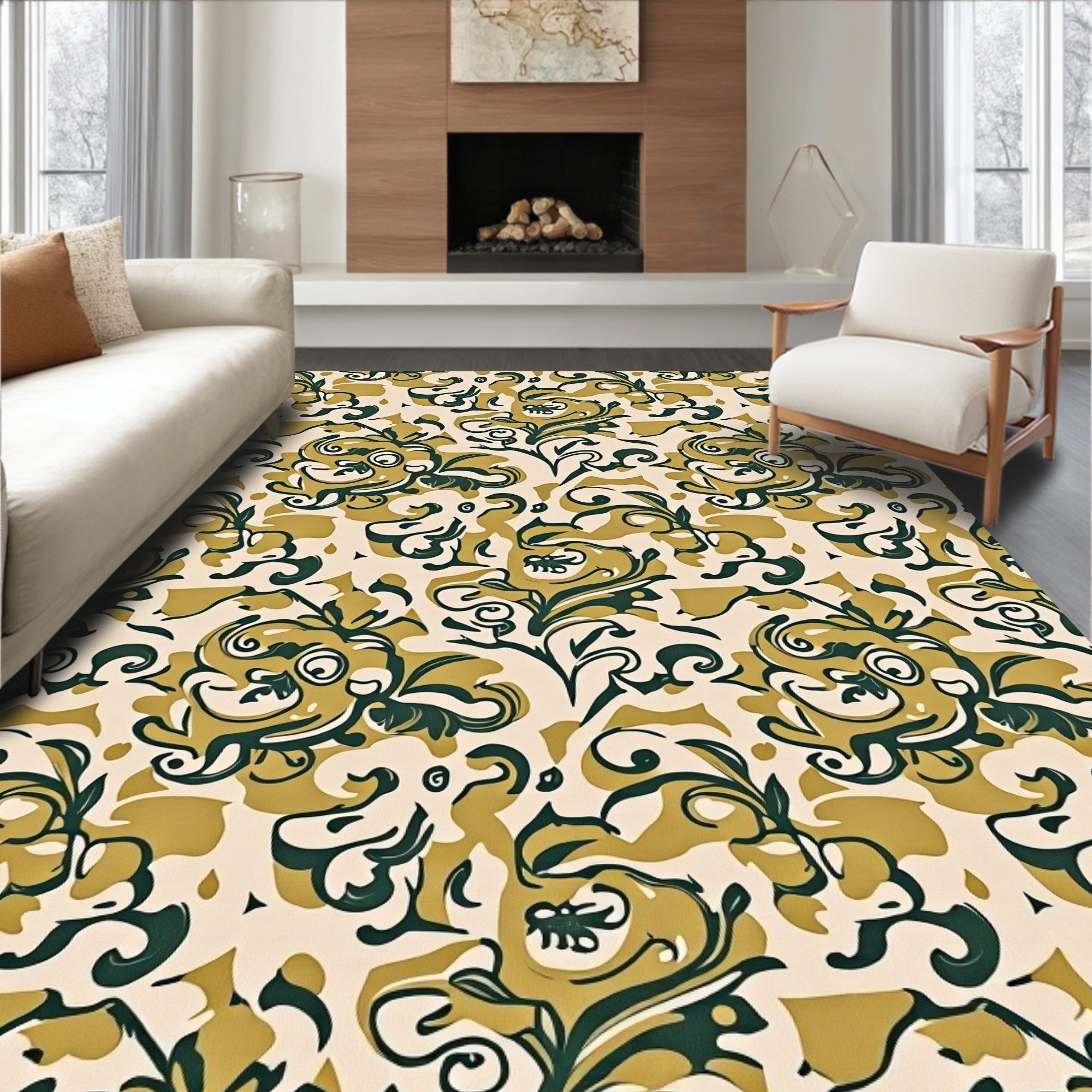 Gold Navy Scrolling Floral Swirl Rug