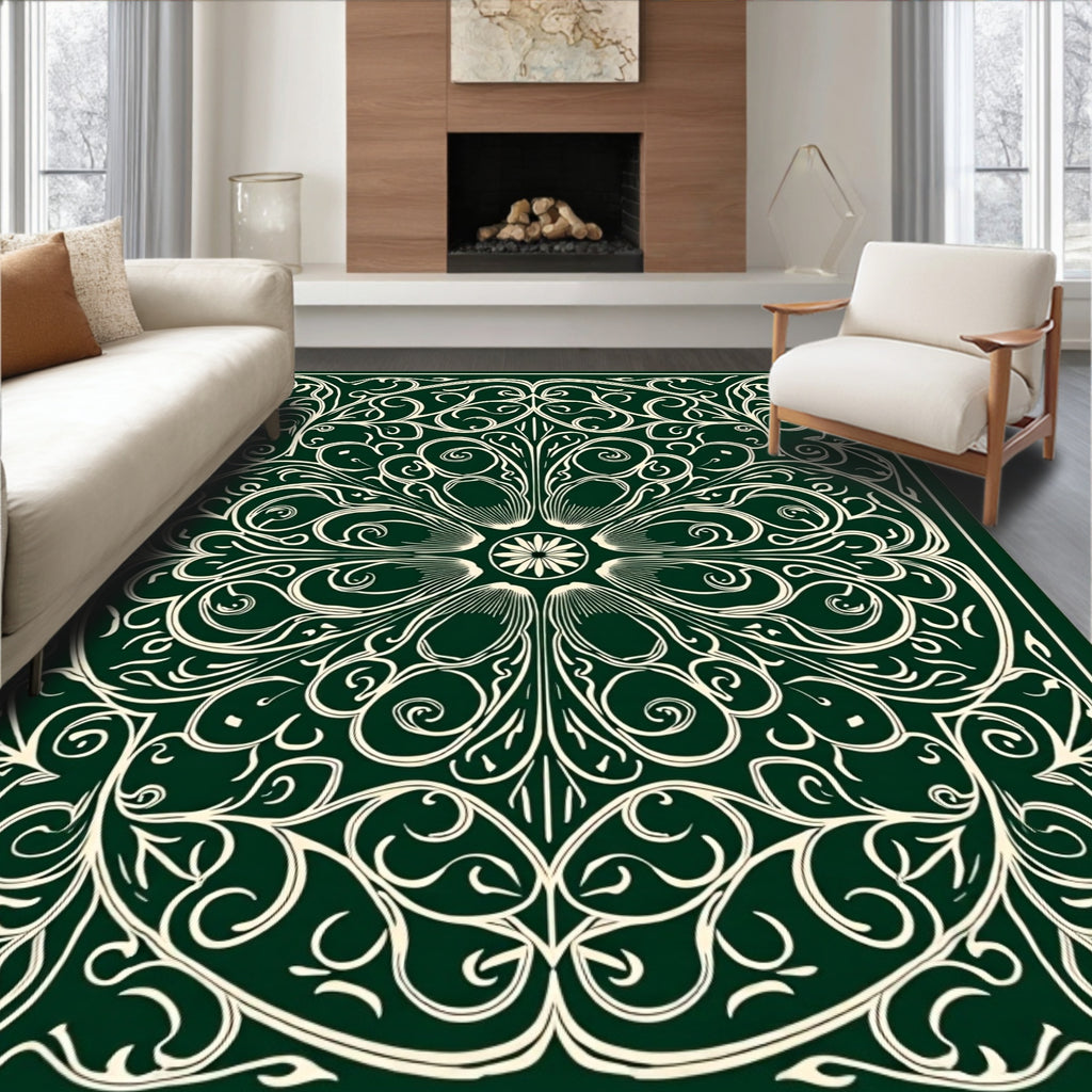 Emerald Green Vintage Floral Mandala Rug