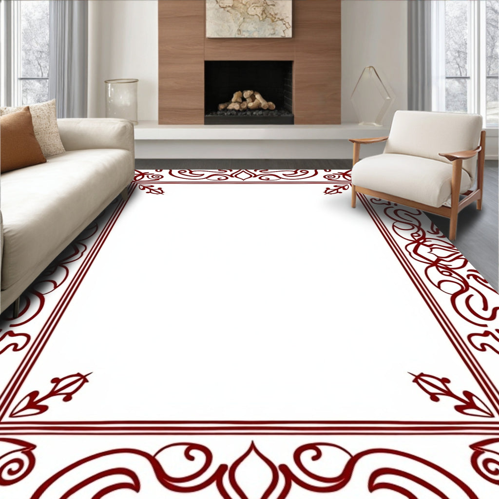 Deep Red Scrollwork Border Rug