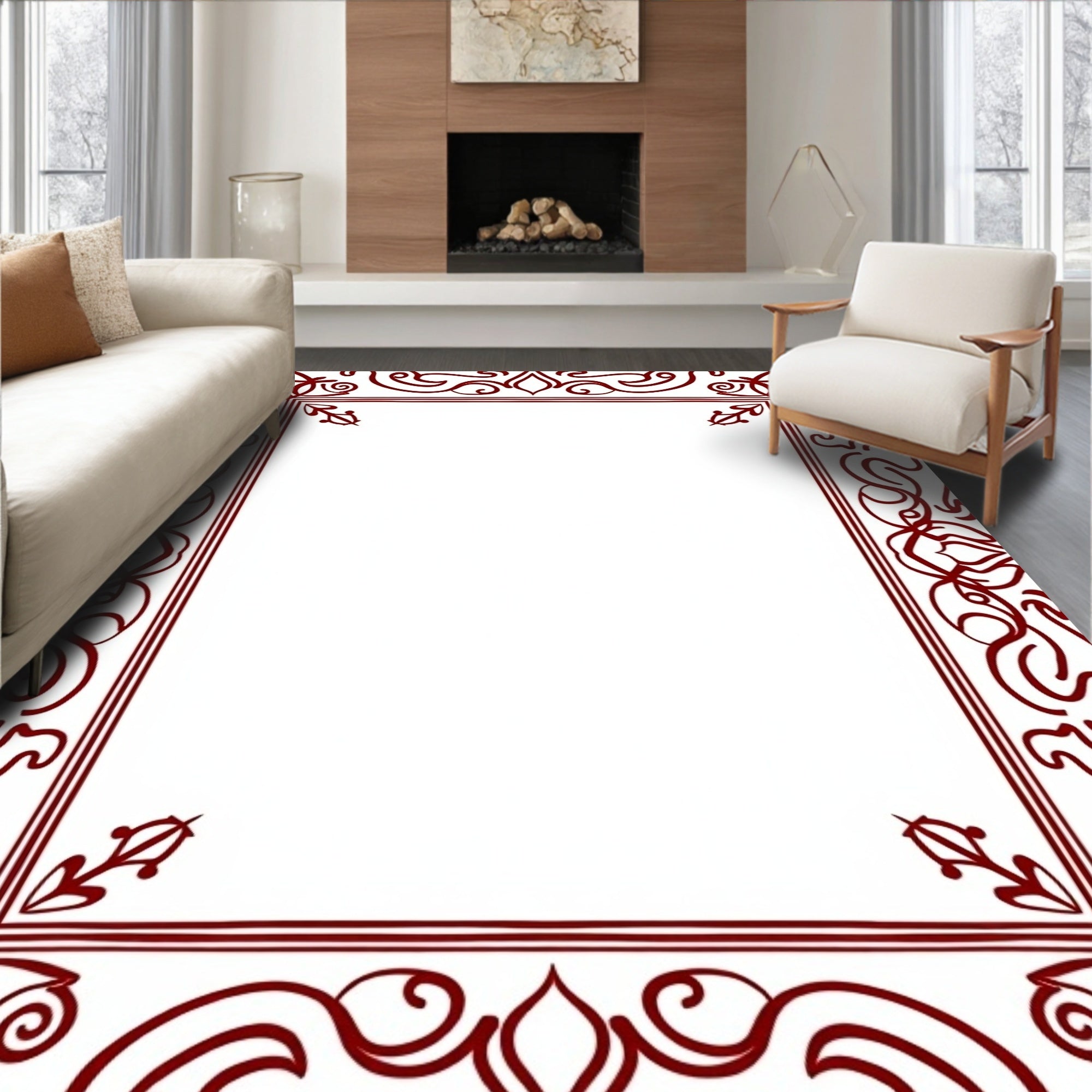 Deep Red Scrollwork Border Rug