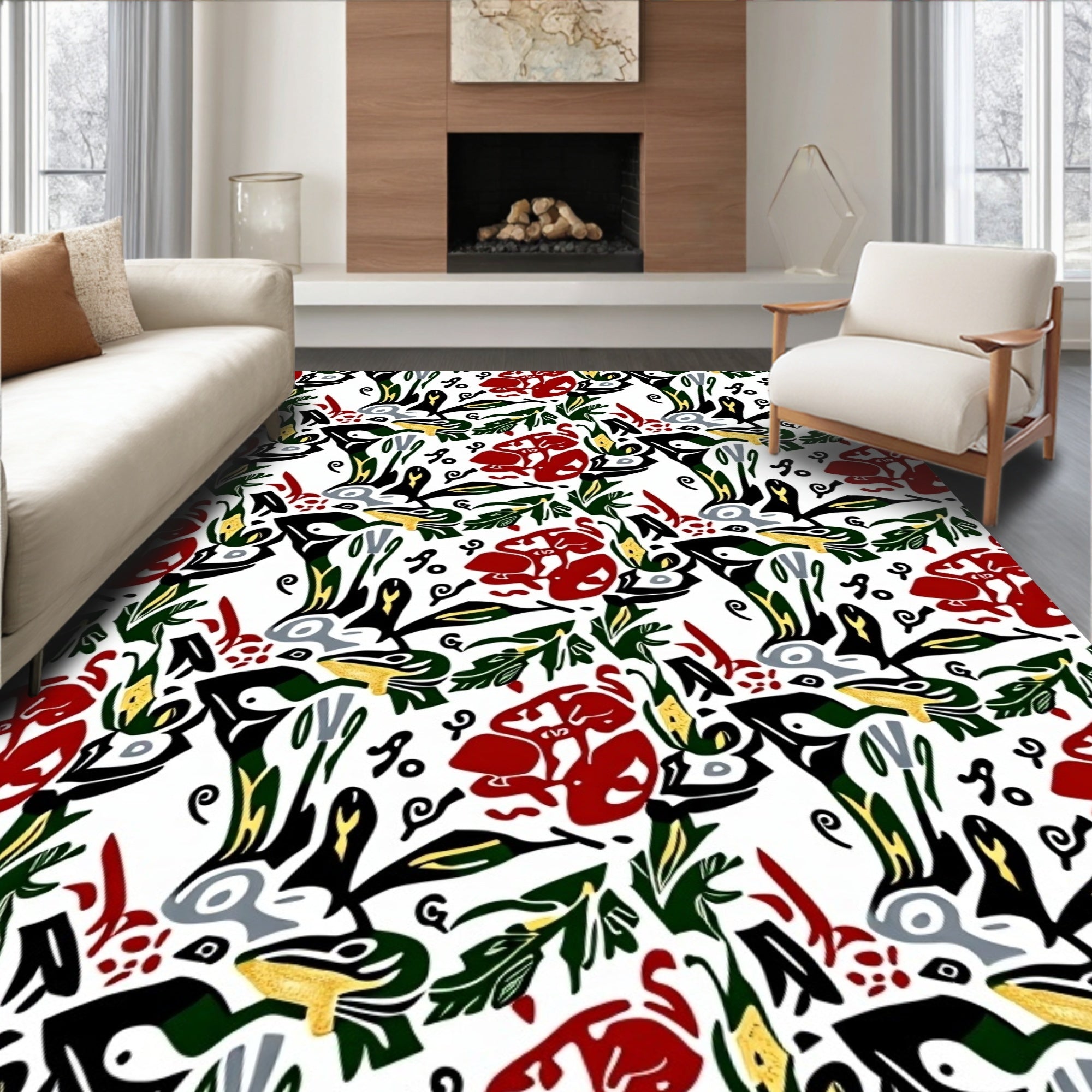Abstract Red Black Gold Leaf Art Rug