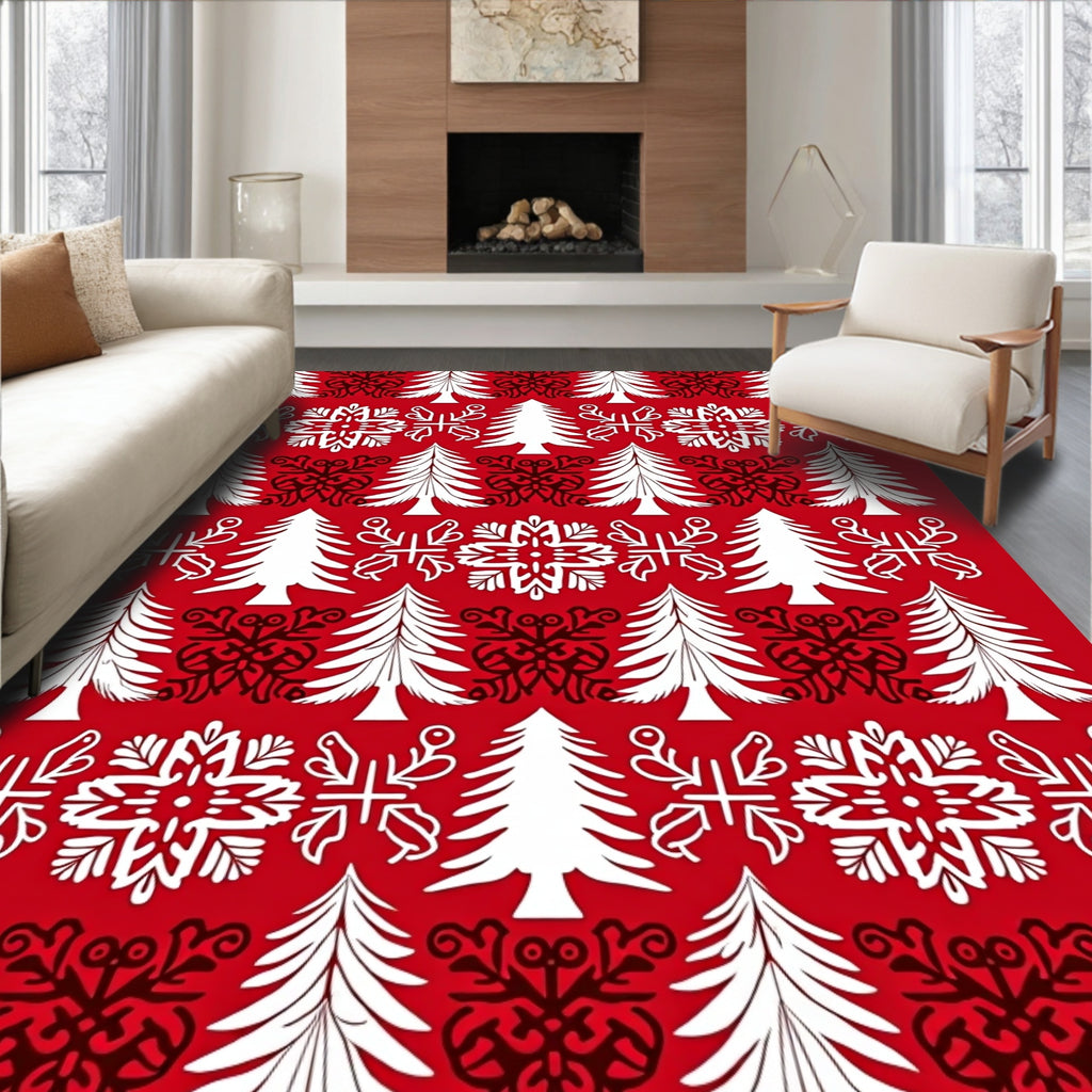 Red White Christmas Trees Snowflakes Intricate Rug
