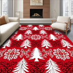 Red White Christmas Trees Snowflakes Intricate Rug