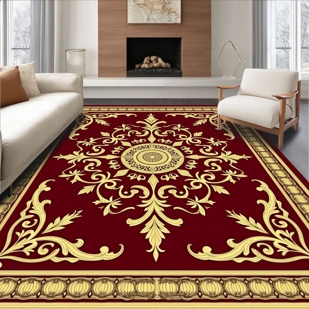 Ornate Burgundy Gold Floral Medallion Rug