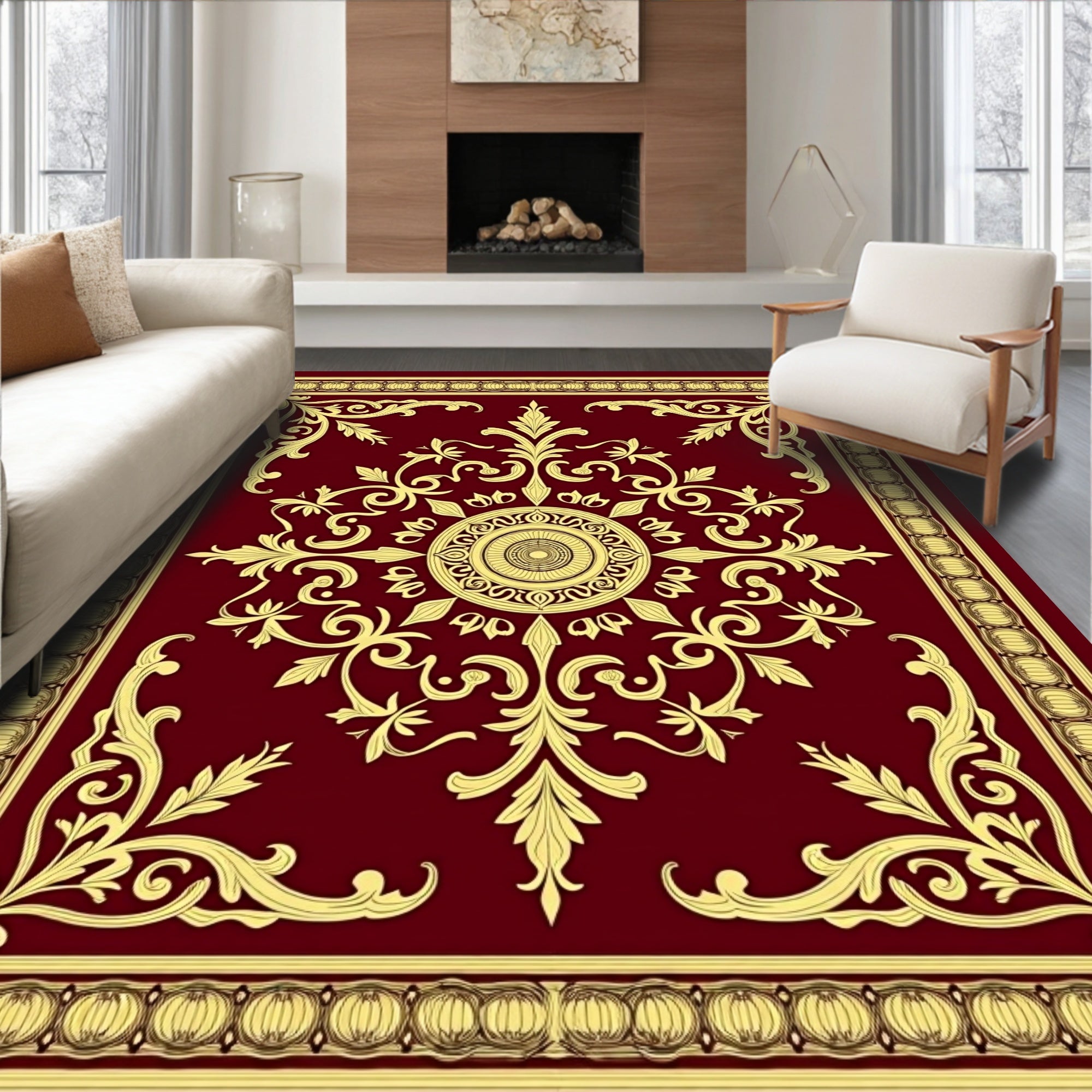 Ornate Burgundy Gold Floral Medallion Rug