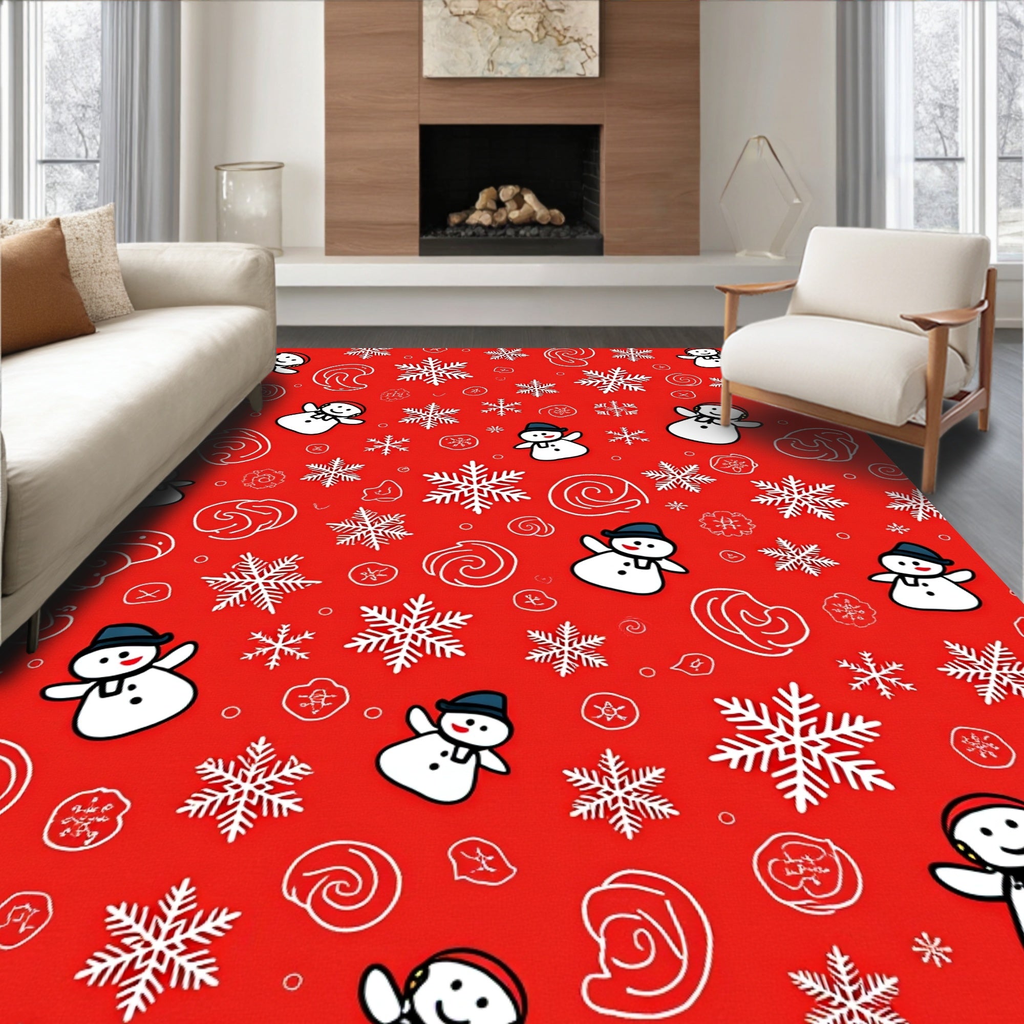 Cheerful Red Snowmen Snowflake Collage Rug
