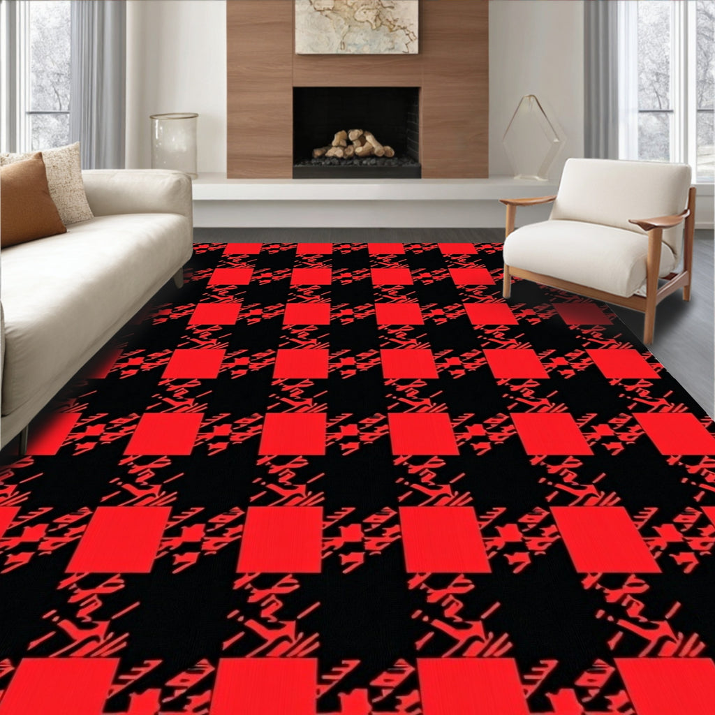 Bold Red Black Houndstooth Check Rug