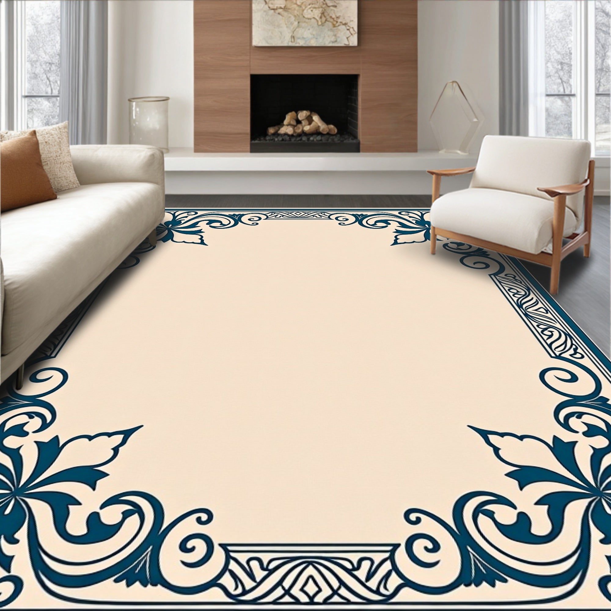 Dark Teal Floral Flourish Frame Rug