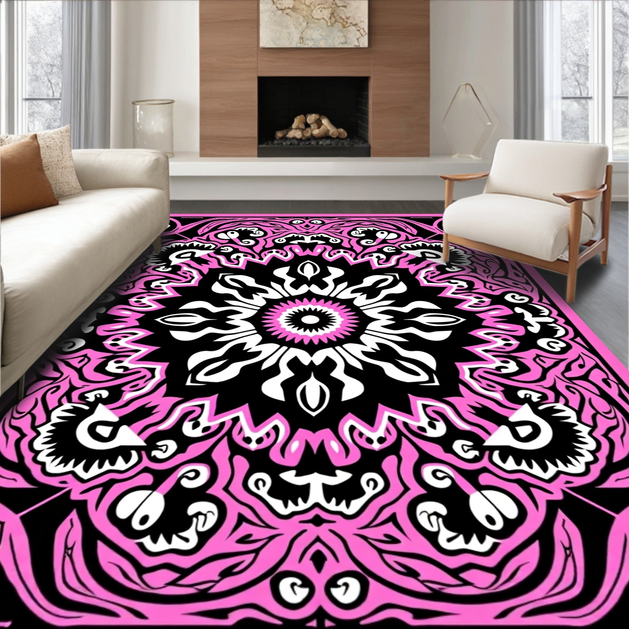 Vibrant Pink Black Floral Mandala Rug
