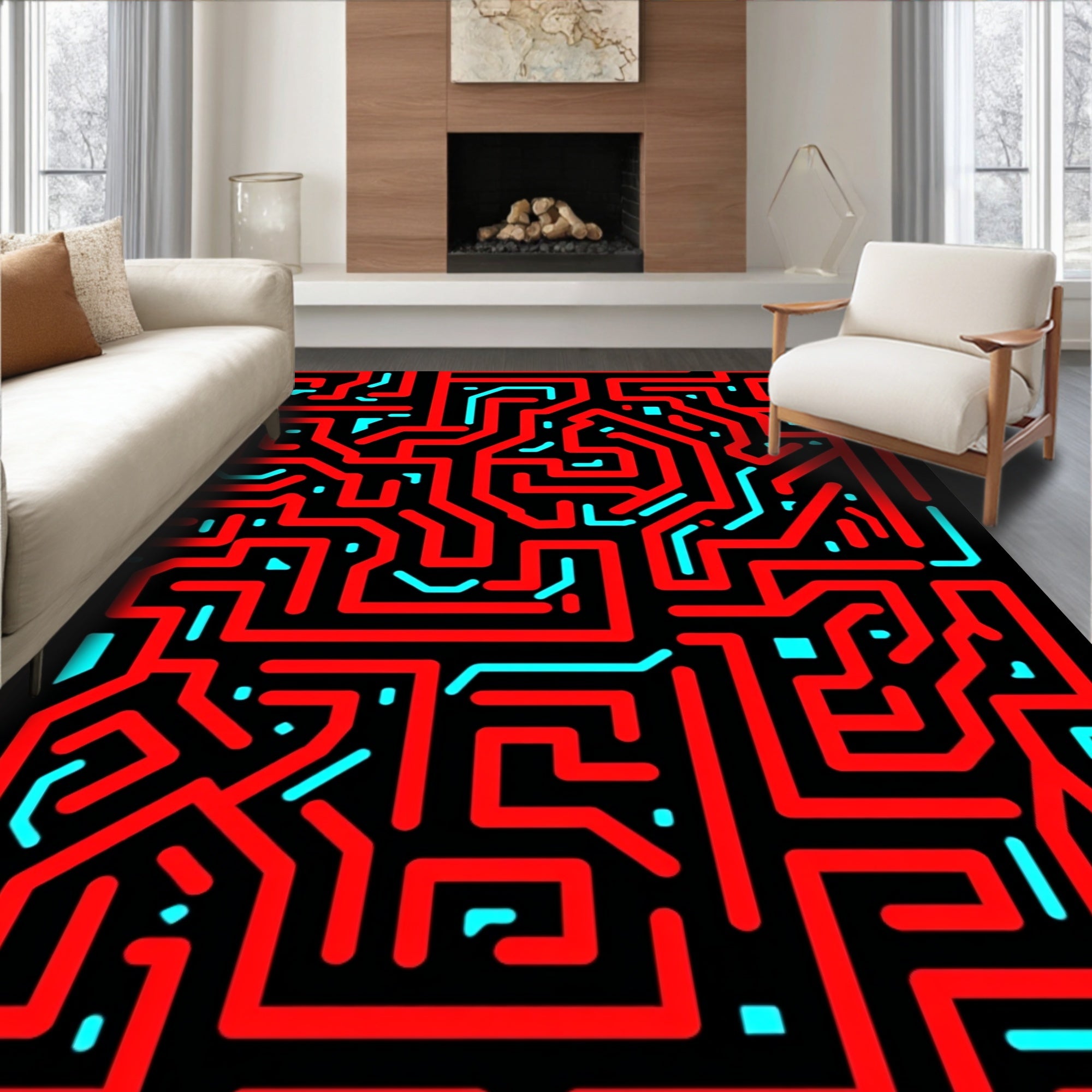 Red Blue Circuit Board Maze Rug
