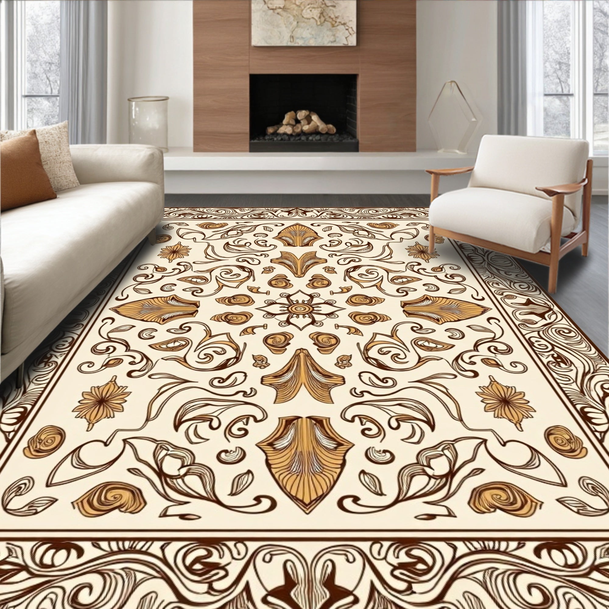 Ornate Brown Floral Medallion Art Nouveau Rug