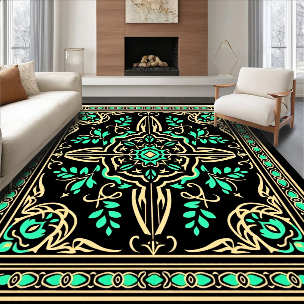 Golden Teal Scroll Medallion Rug