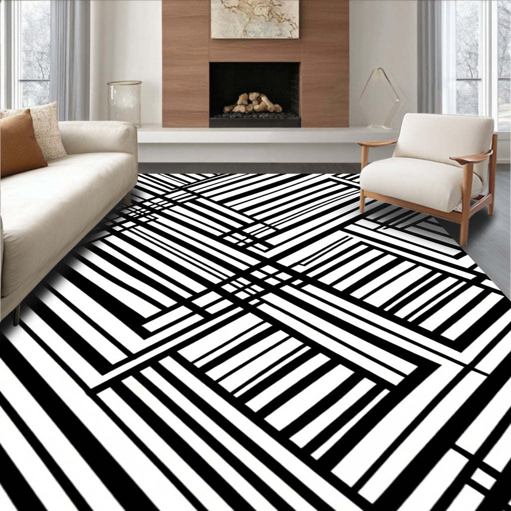 Bold Black White Intersecting Lines Rug