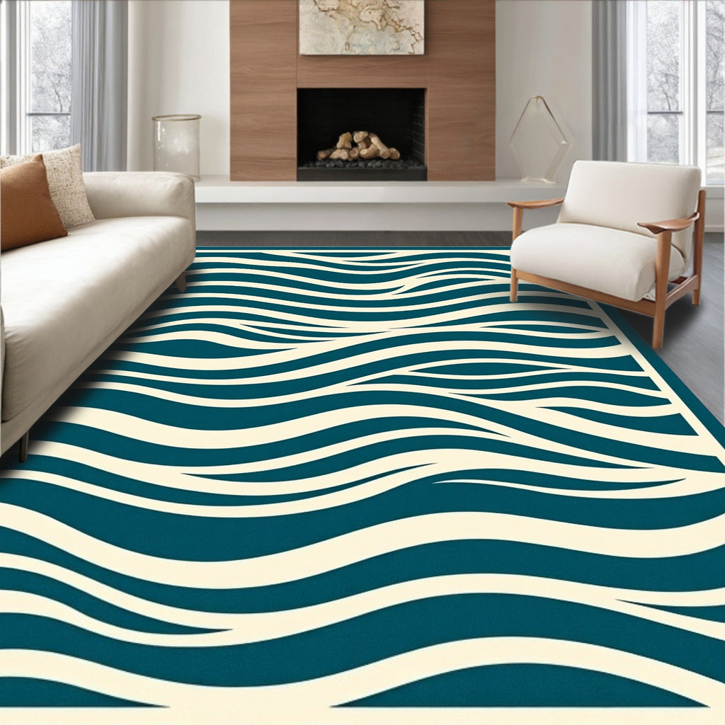 Deep Teal Ivory Flowing Waves Rug
