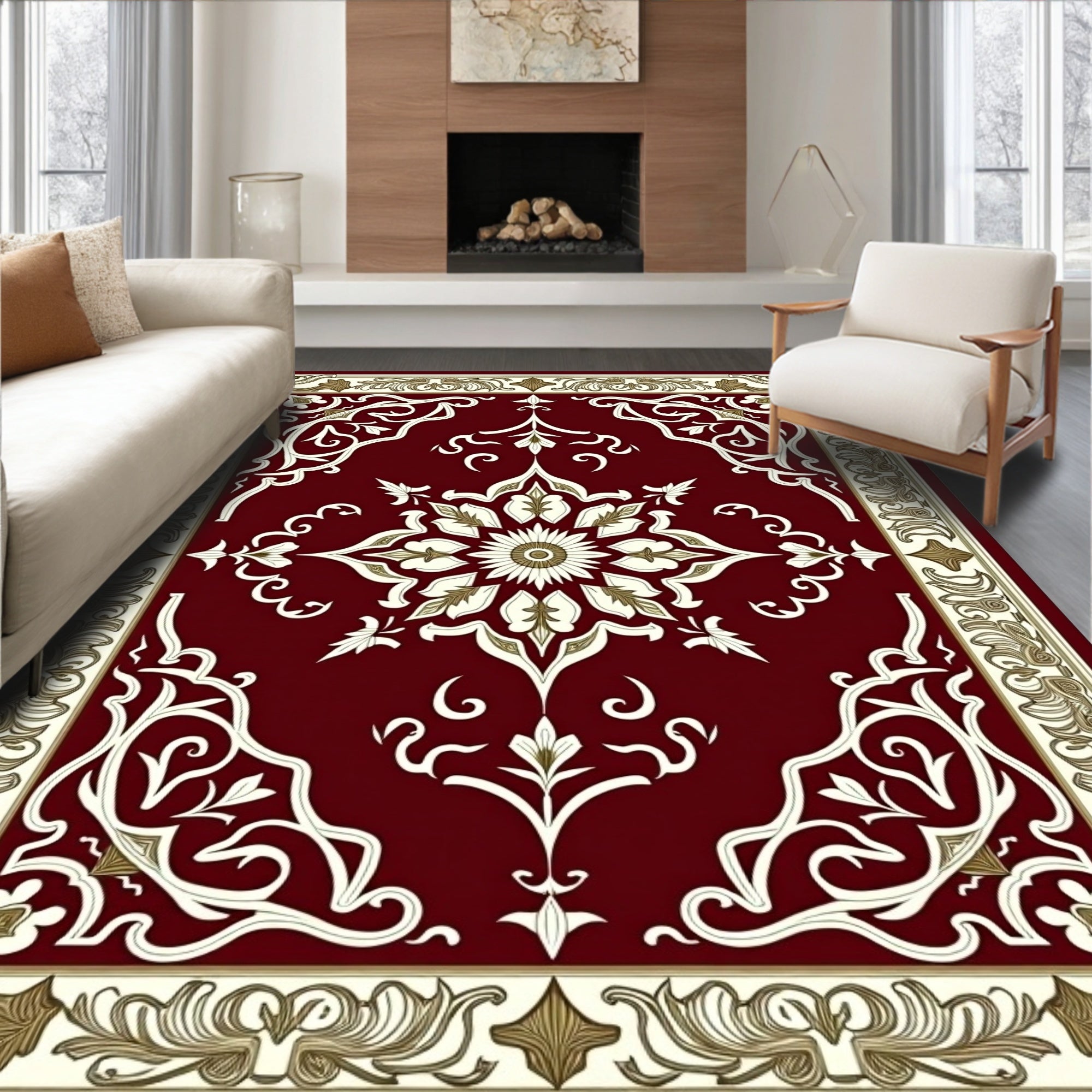 Crimson White Gold Floral Medallion Rug