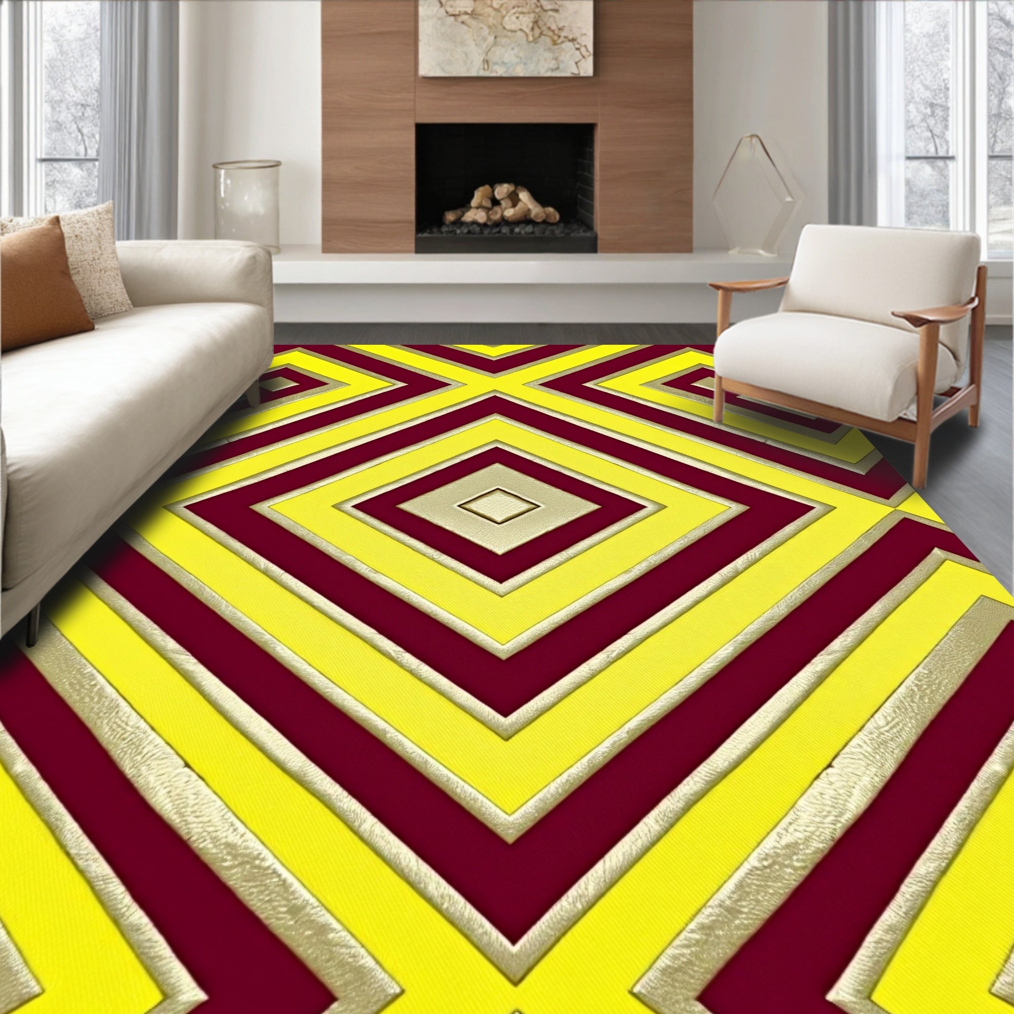 Golden Yellow Burgundy Geometric Diamonds Rug