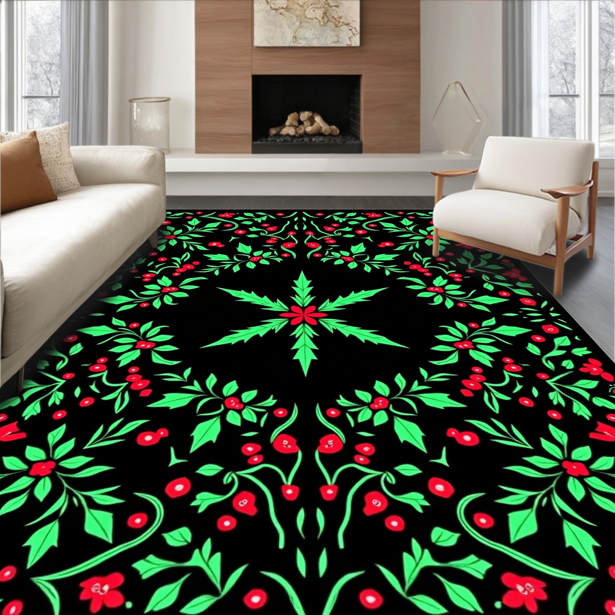 Vibrant Red Green Floral Medallion Rug