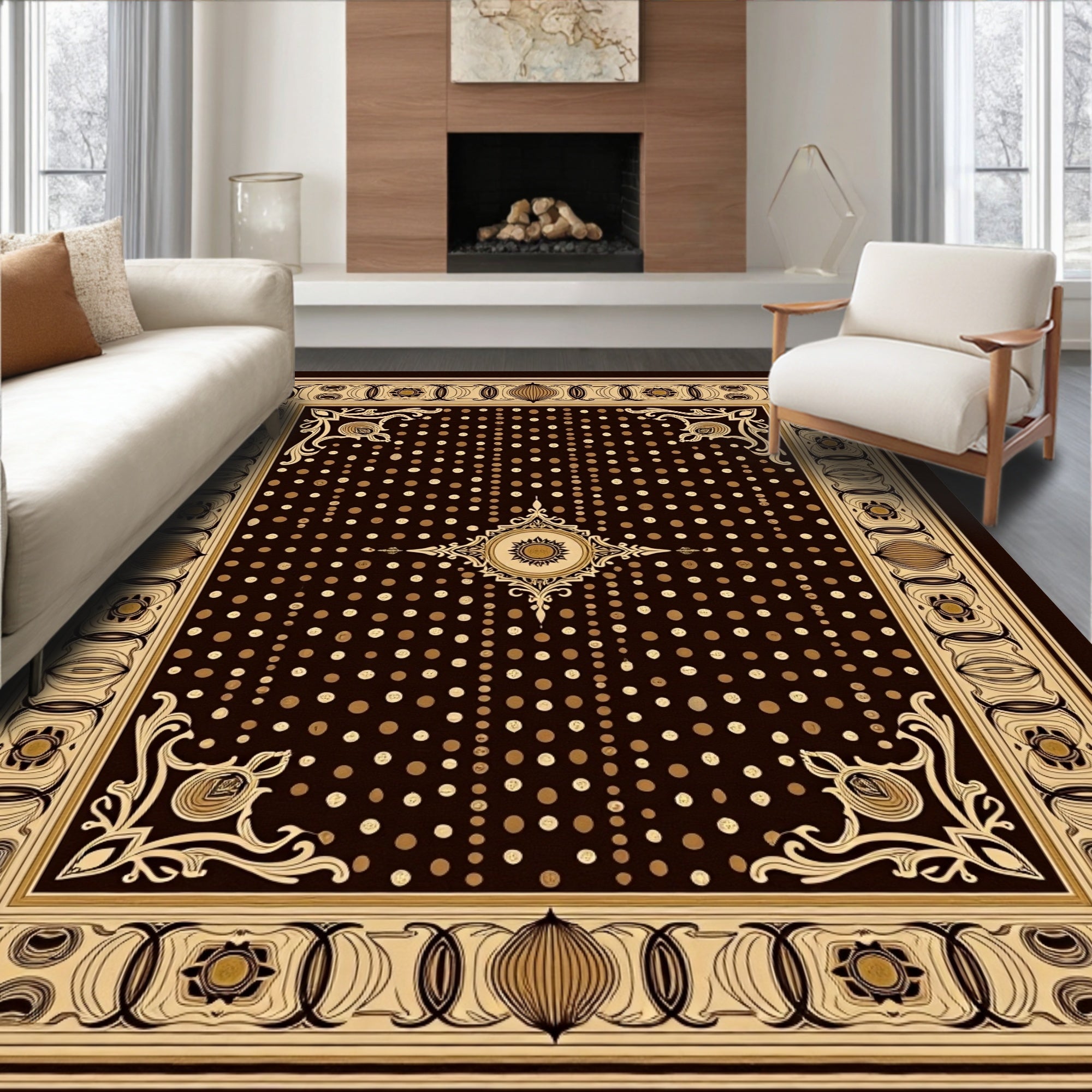 Brown Ochre Polka Dot Border Rug