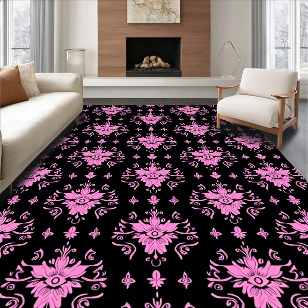 Pink Floral Damask Black Background Rug