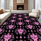 Pink Floral Damask Black Background Rug