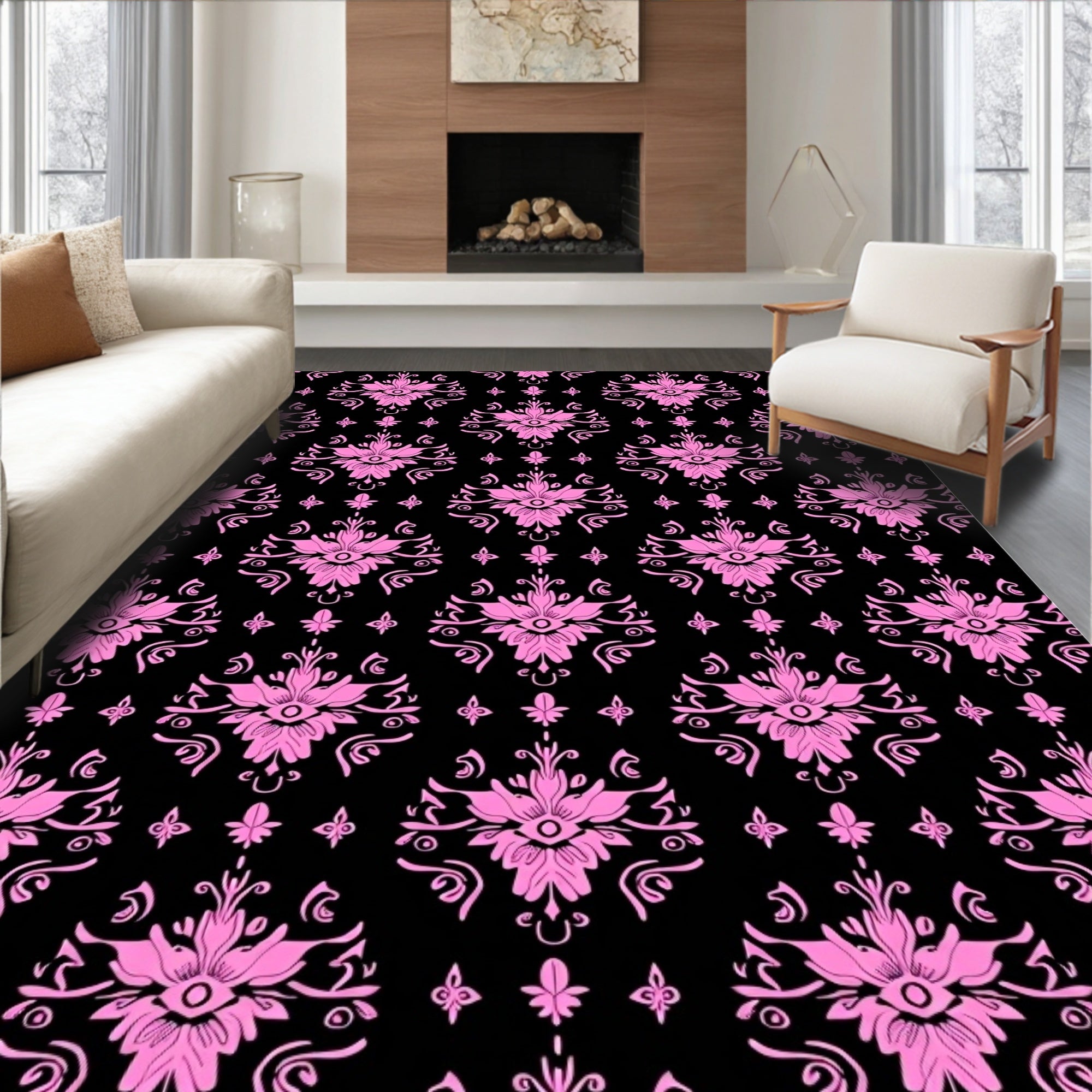 Pink Floral Damask Black Background Rug