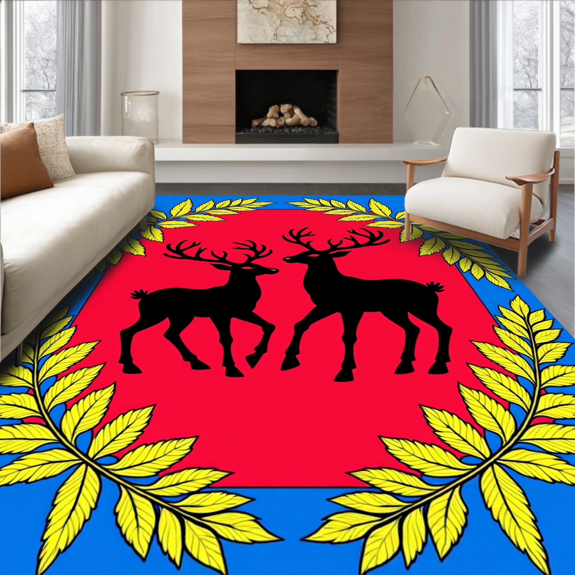 Crimson Red Deer Laurel Wreath Rug