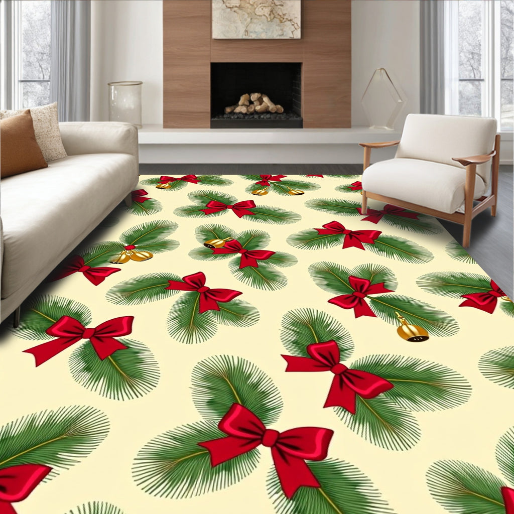Festive Pine Sprigs Red Bows Golden Bells Rug