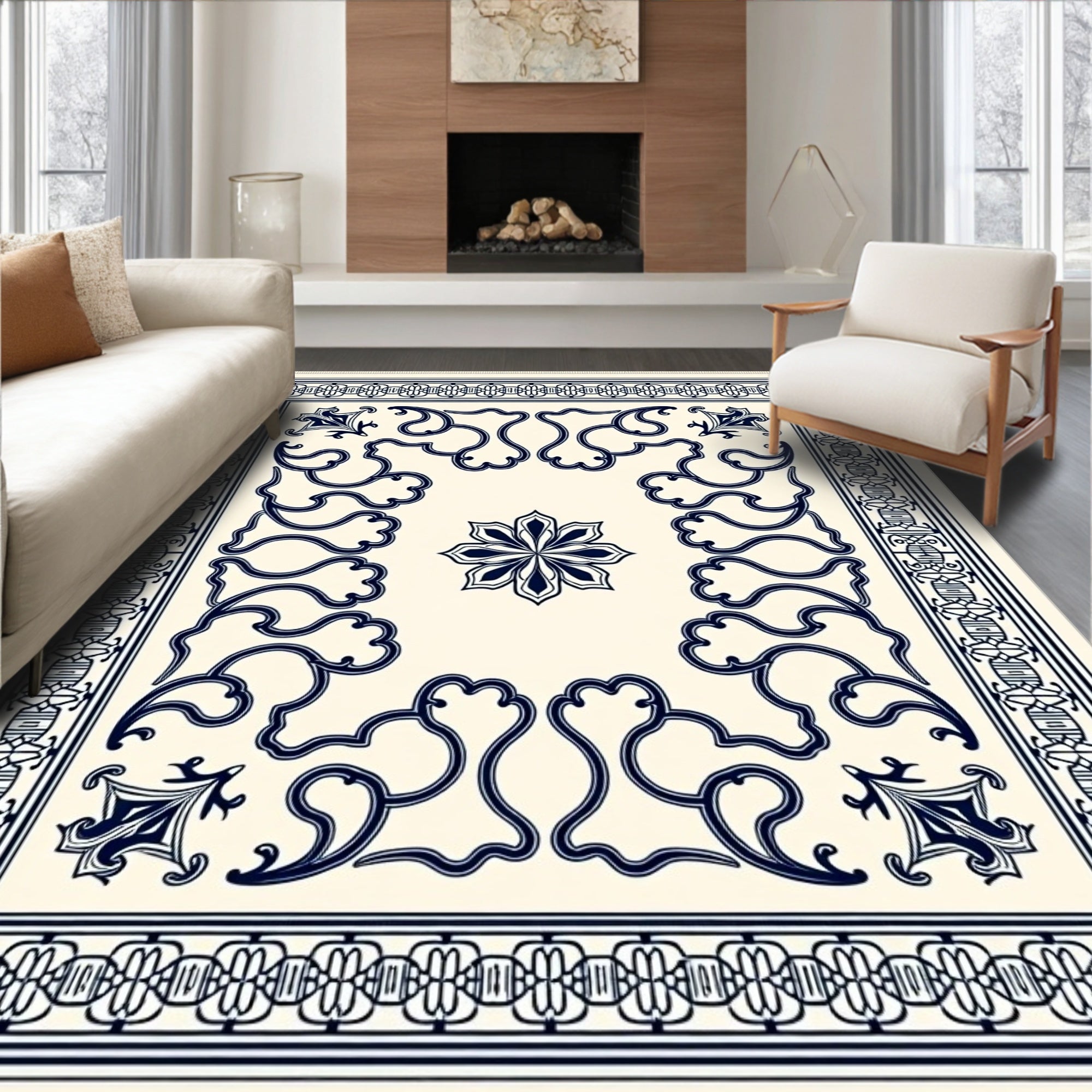 Cream Navy Swirl Floral Medallion Rug