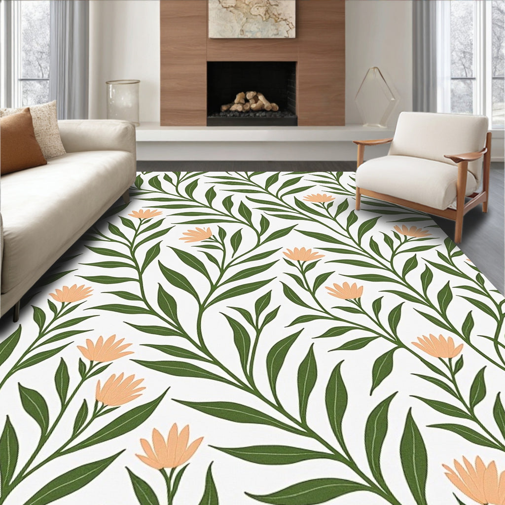 Green Leaf and Peach Blossom Vines Rug