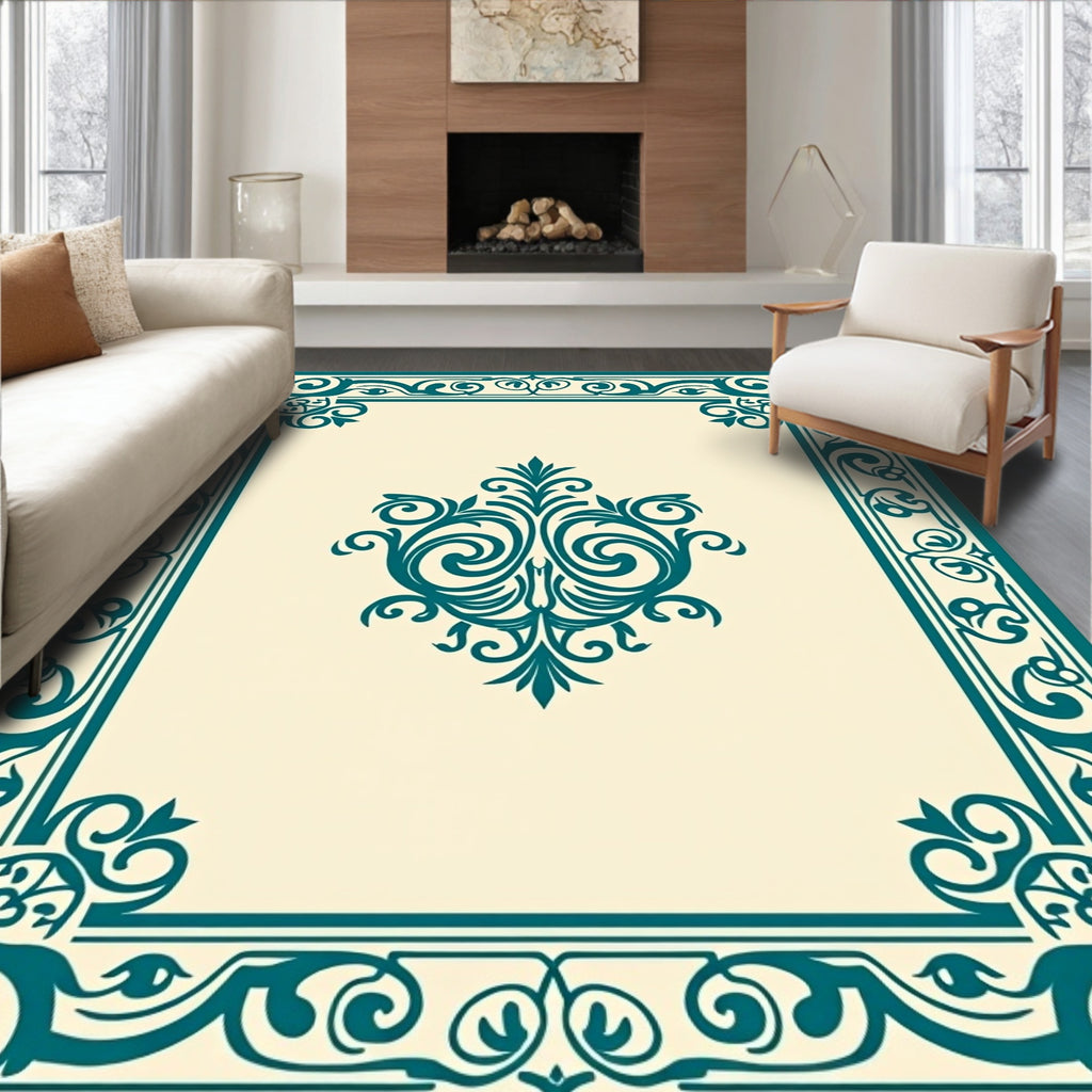 Teal Scrollwork Damask Ornate Layout Rug
