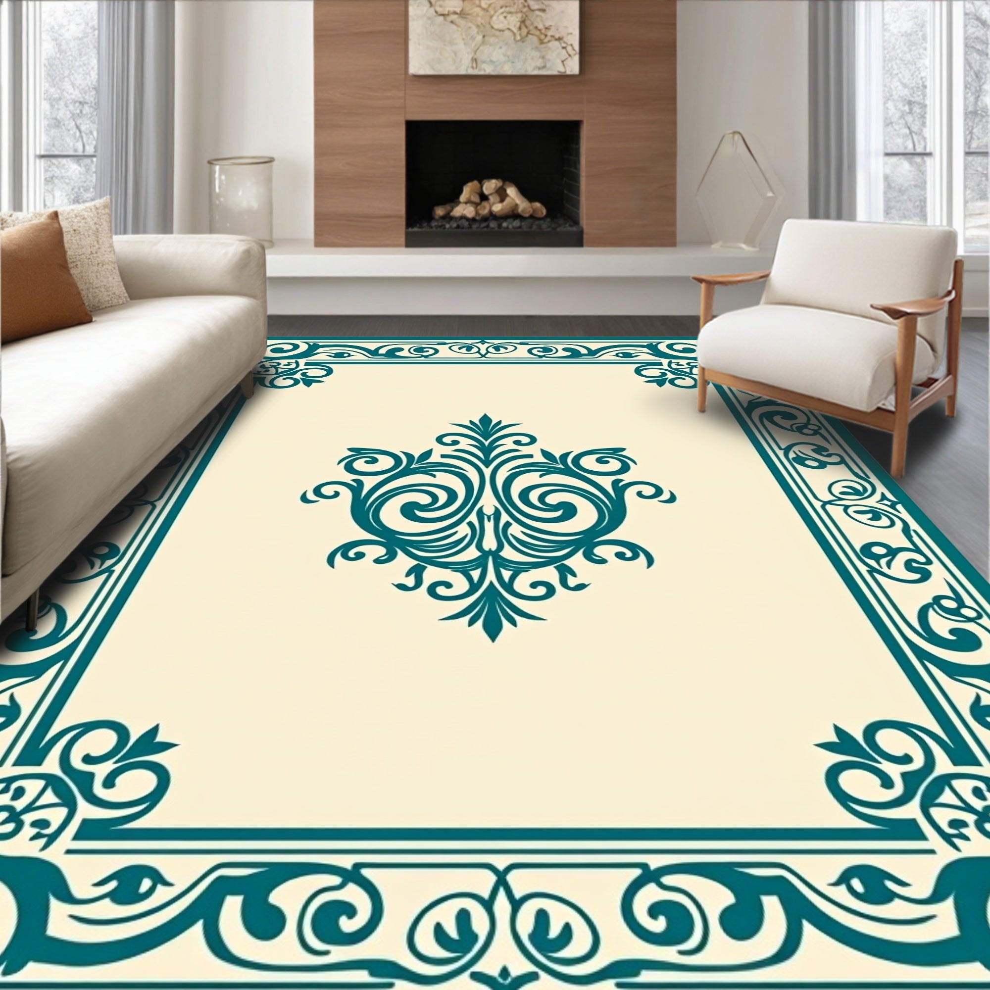 Teal Scrollwork Damask Ornate Layout Rug