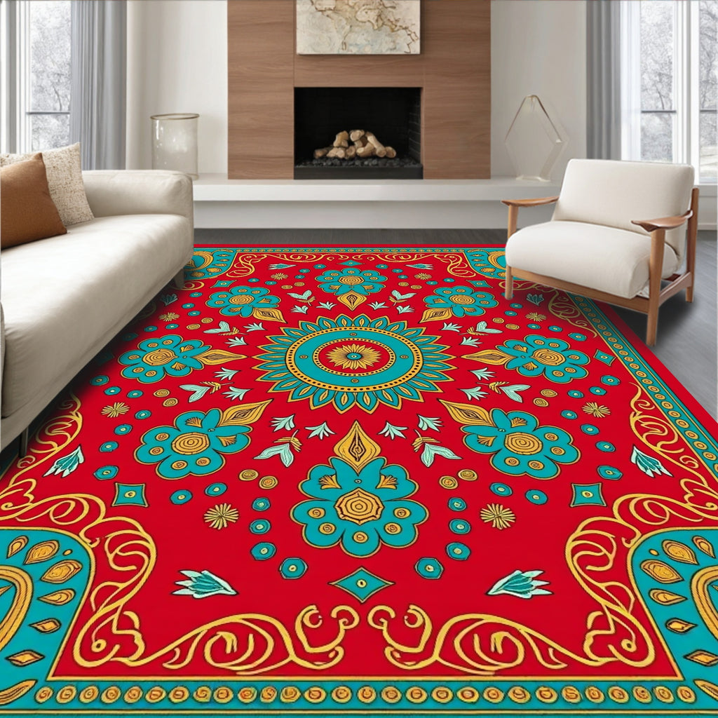 Vibrant Red Teal Floral Mandala Rug