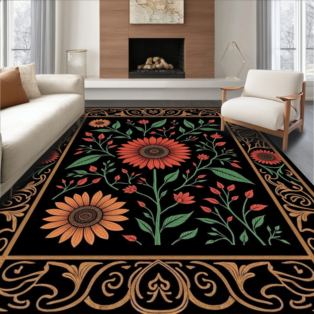 Ornate Golden Floral Sunflower Garden Rug