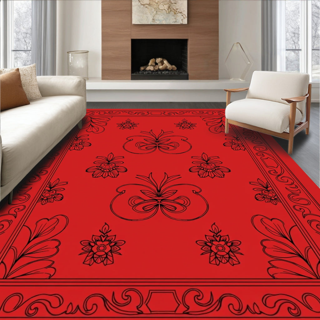 Crimson Ornate Floral Scrollwork Rug