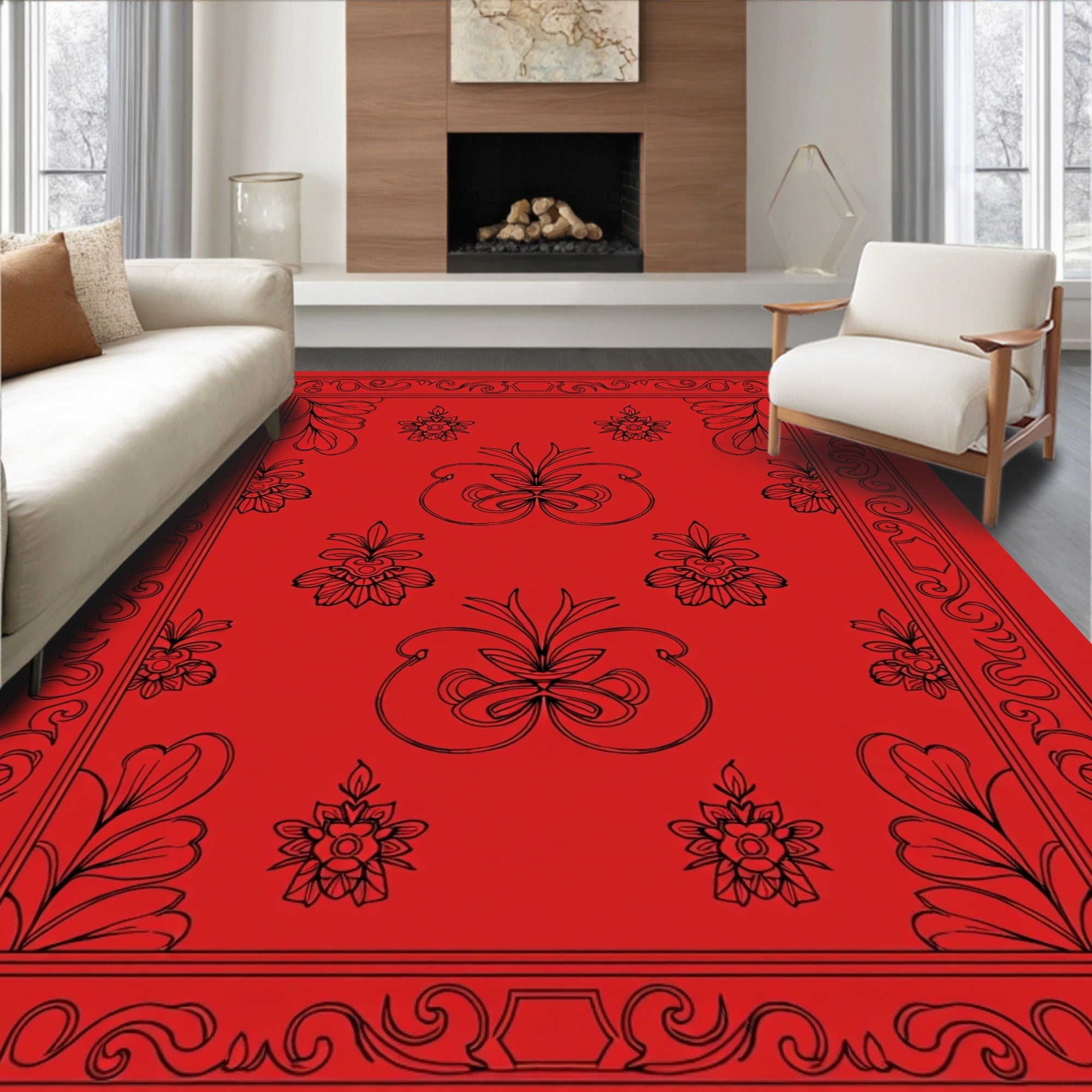 Crimson Ornate Floral Scrollwork Rug