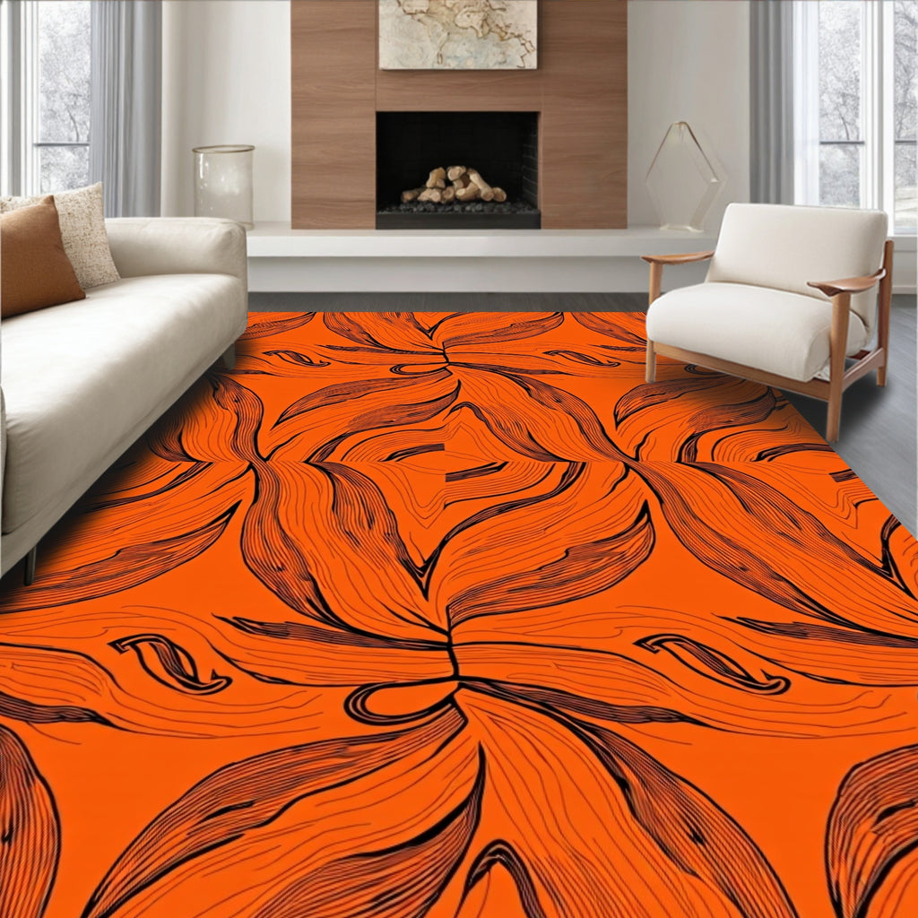 Vivid Orange Black Line Art Bloom Rug