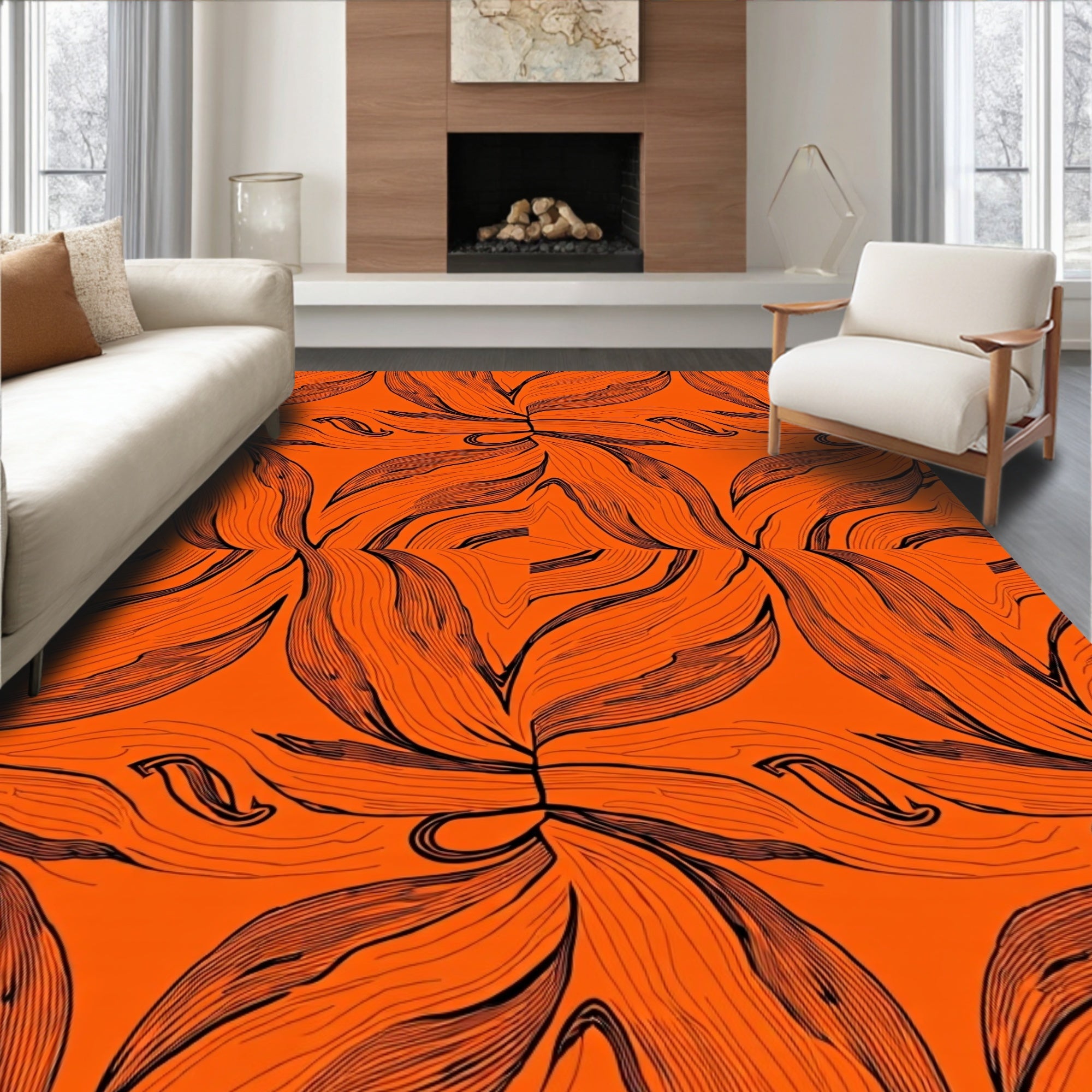 Vivid Orange Black Line Art Bloom Rug
