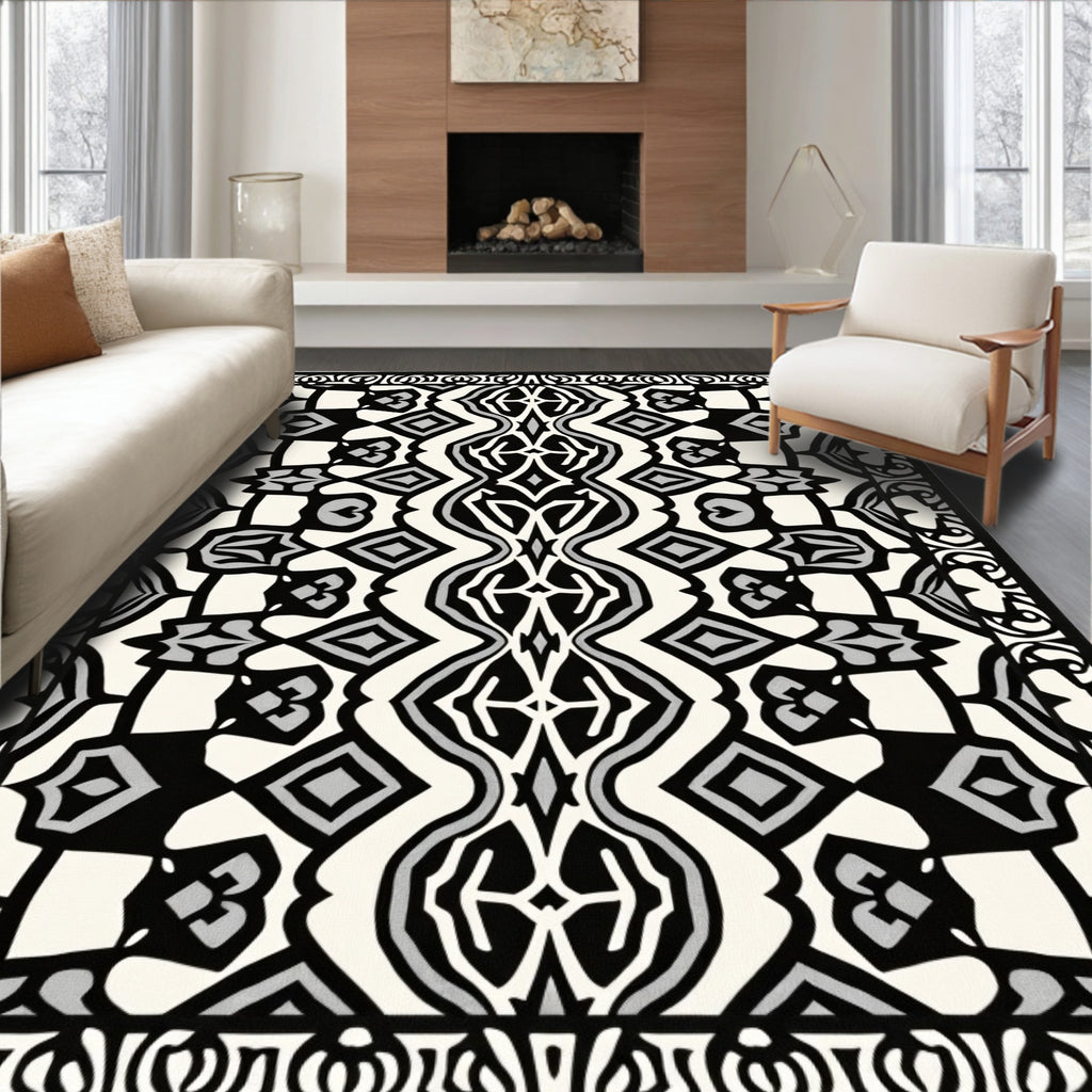 Monochrome Black Gray Geometric Tribal Rug