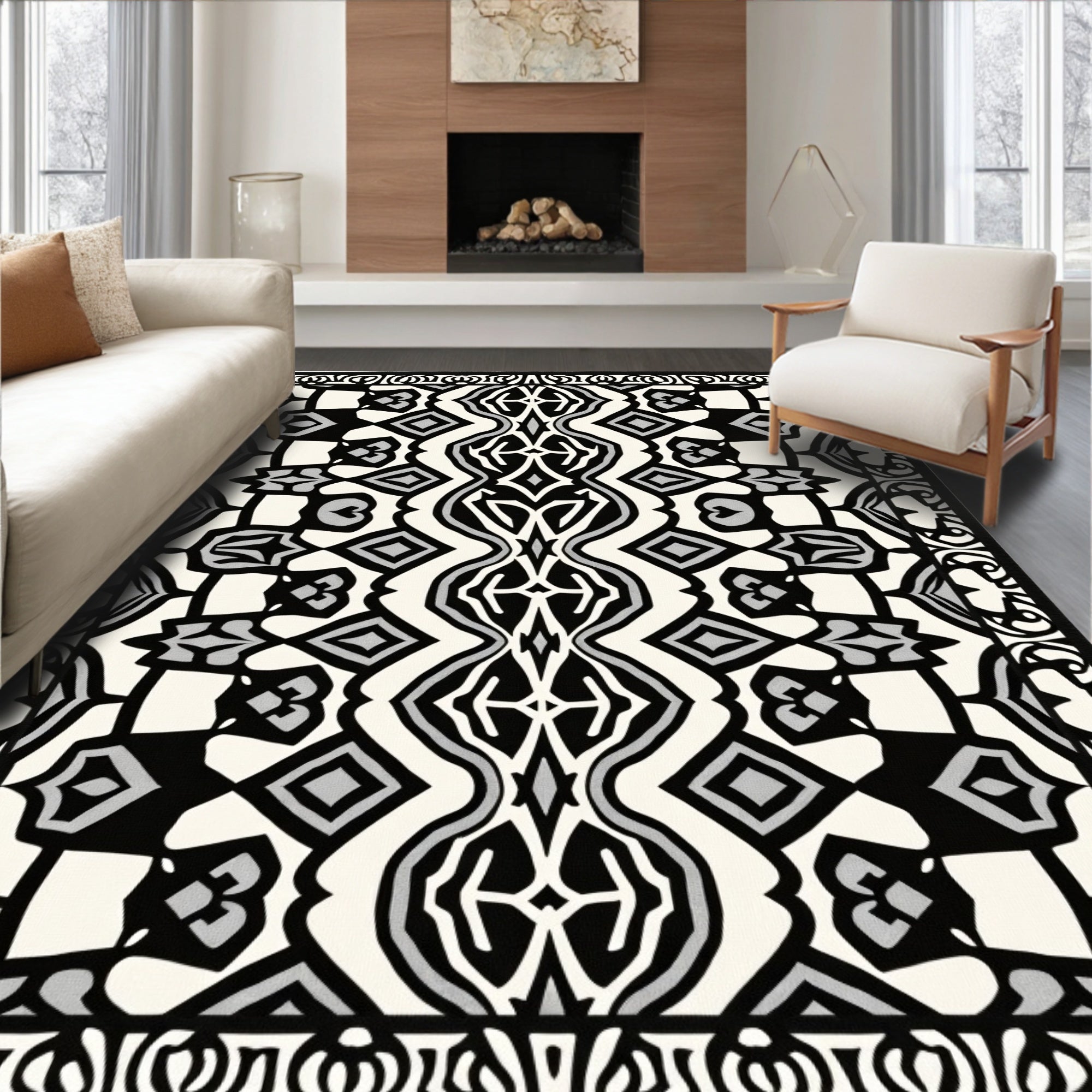 Monochrome Black Gray Geometric Tribal Rug