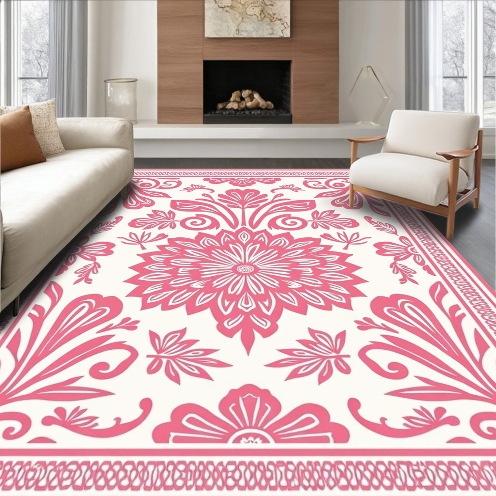 Coral Floral Medallion Border Rug