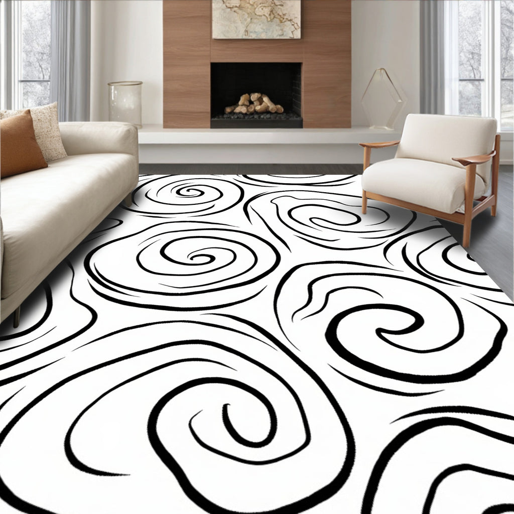 Monochromatic Swirl Abstract Line Art Rug