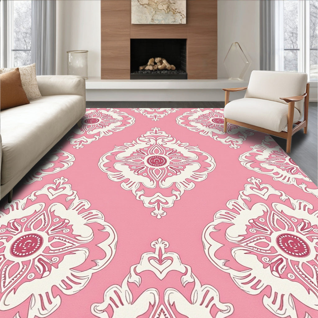 Pink Cream Floral Damask Medallion Rug